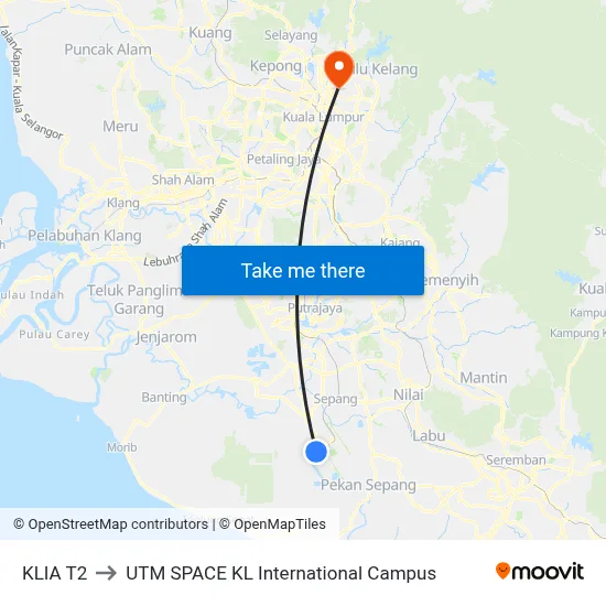 KLIA T2 to UTM SPACE KL International Campus map