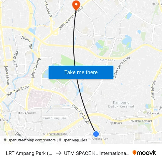 LRT Ampang Park (Kl2306) to UTM SPACE KL International Campus map