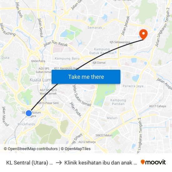 KL Sentral (Utara) (Kl1077) to Klinik kesihatan ibu dan anak keramat AU2 map