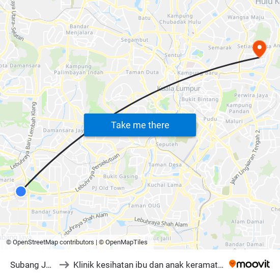 Subang Jaya to Klinik kesihatan ibu dan anak keramat AU2 map