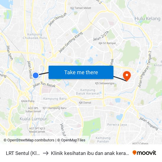 LRT Sentul (Kl663) to Klinik kesihatan ibu dan anak keramat AU2 map