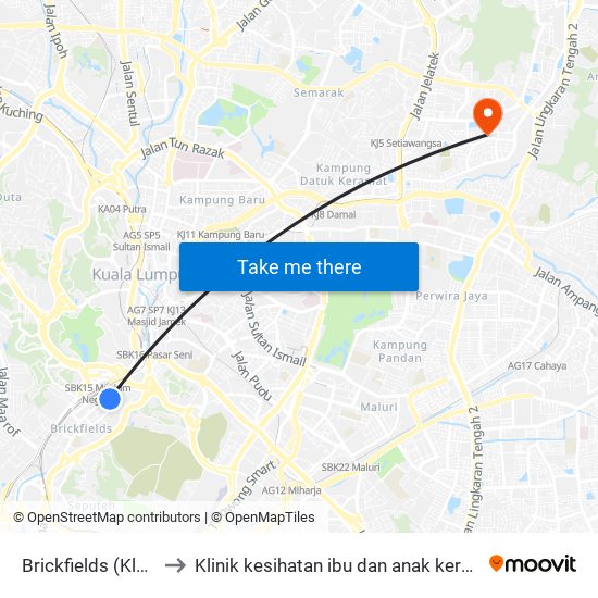 Brickfields (Kl1080) to Klinik kesihatan ibu dan anak keramat AU2 map