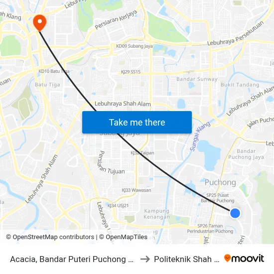 Acacia, Bandar Puteri Puchong 7 (Sj472) to Politeknik Shah Alam map