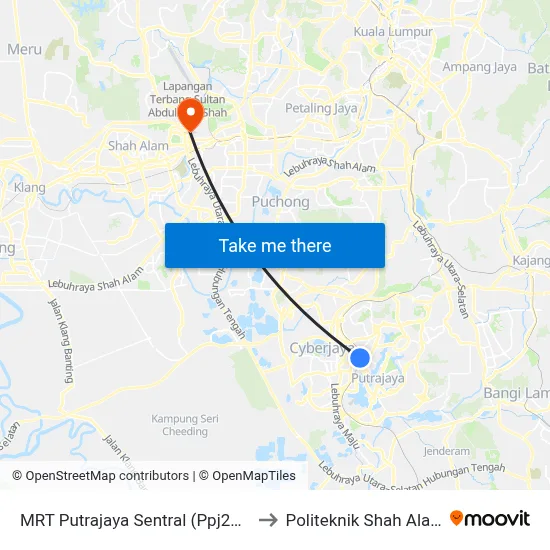 MRT Putrajaya Sentral (Ppj254) to Politeknik Shah Alam map