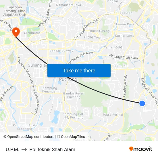 U.P.M. to Politeknik Shah Alam map