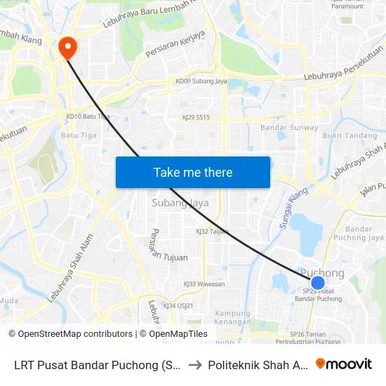 LRT Pusat Bandar Puchong (Sj735) to Politeknik Shah Alam map