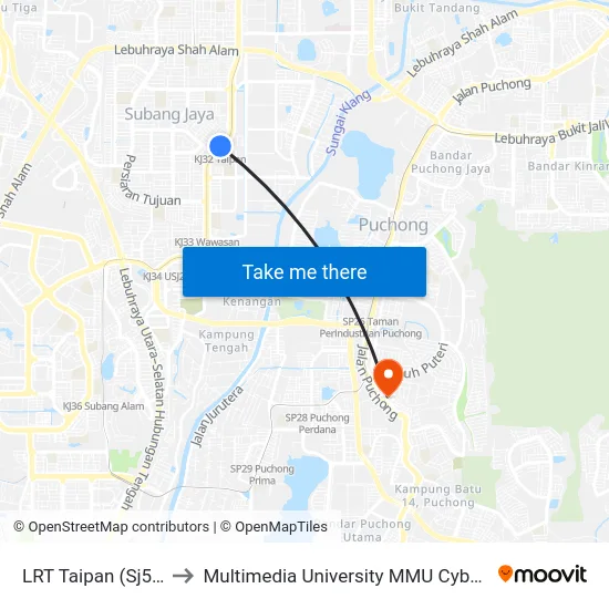 LRT Taipan (Sj546) to Multimedia University MMU Cyberjaya map