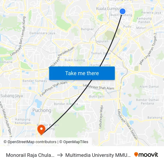 Monorail Raja Chulan (Kl22) to Multimedia University MMU Cyberjaya map