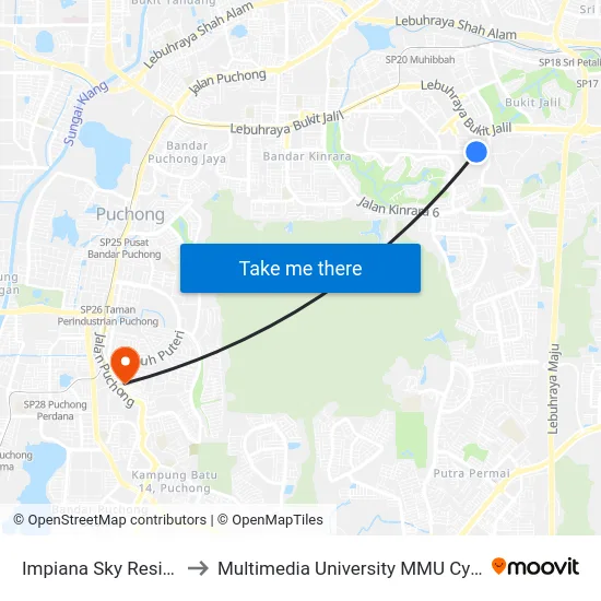 Impiana Sky Residensi to Multimedia University MMU Cyberjaya map