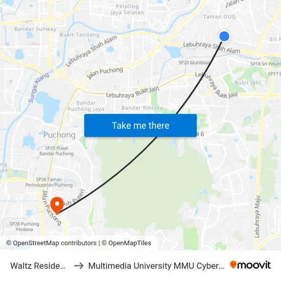 Waltz Residence to Multimedia University MMU Cyberjaya map