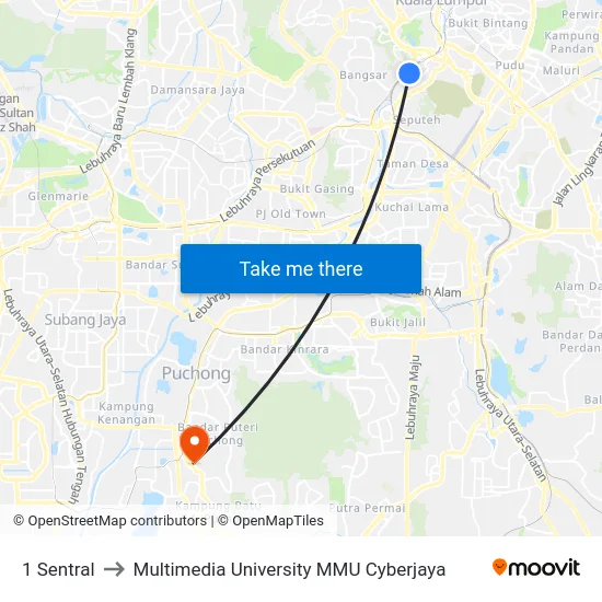 1 Sentral to Multimedia University MMU Cyberjaya map