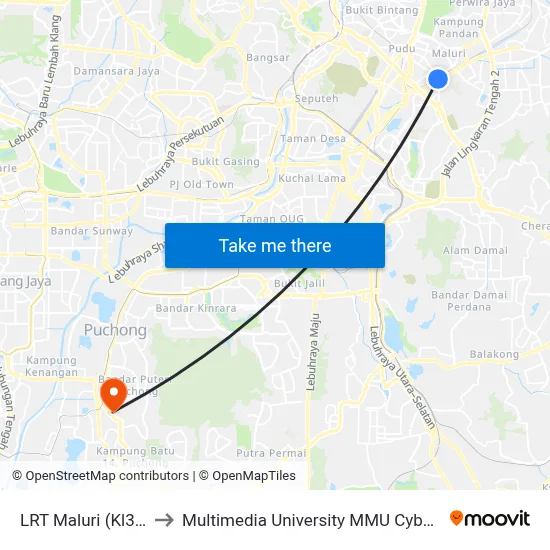 LRT Maluri (Kl361) to Multimedia University MMU Cyberjaya map
