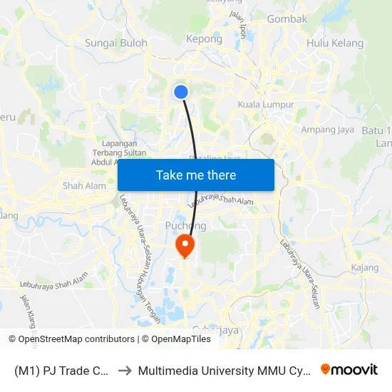 (M1) PJ Trade Centre to Multimedia University MMU Cyberjaya map