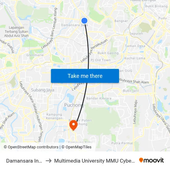 Damansara Intan to Multimedia University MMU Cyberjaya map
