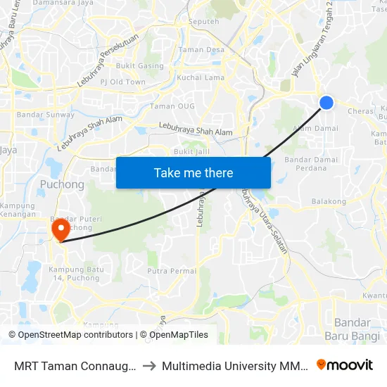 MRT Taman Connaught Pintu C to Multimedia University MMU Cyberjaya map