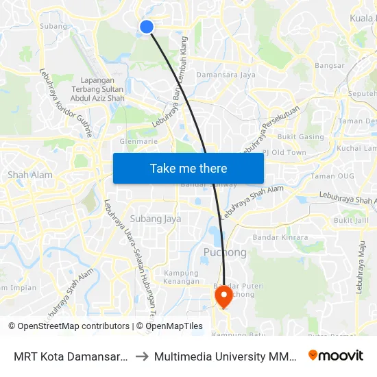 MRT Kota Damansara Pintu A to Multimedia University MMU Cyberjaya map