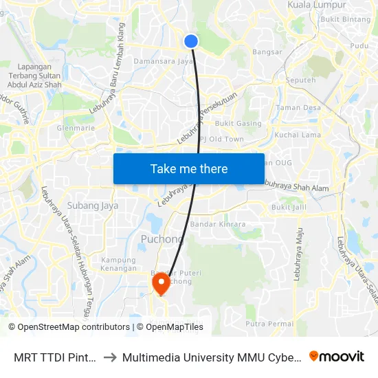 MRT TTDI Pintu B to Multimedia University MMU Cyberjaya map