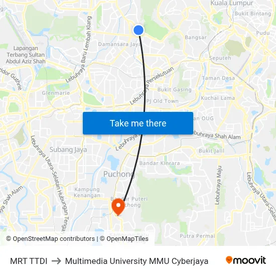 MRT TTDI to Multimedia University MMU Cyberjaya map