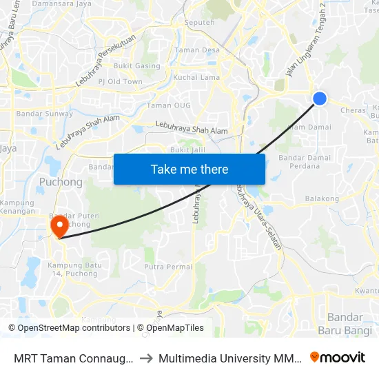 MRT Taman Connaught Pintu A to Multimedia University MMU Cyberjaya map