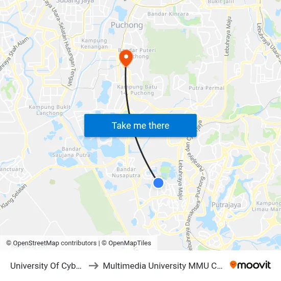 University Of Cyberjaya to Multimedia University MMU Cyberjaya map