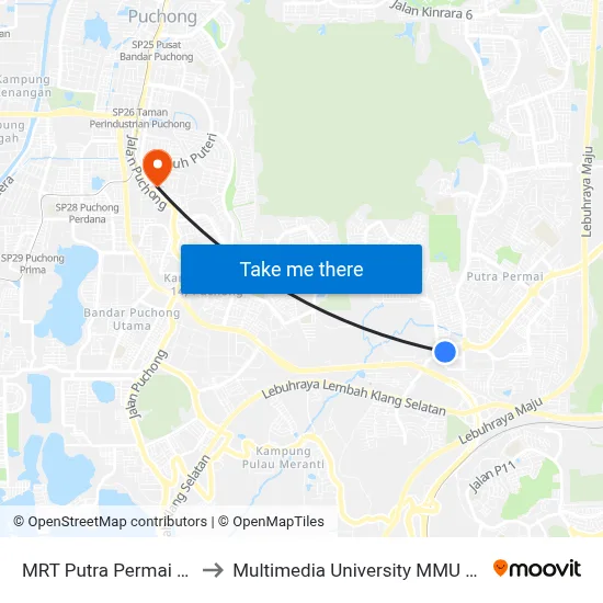 MRT Putra Permai Pintu A to Multimedia University MMU Cyberjaya map