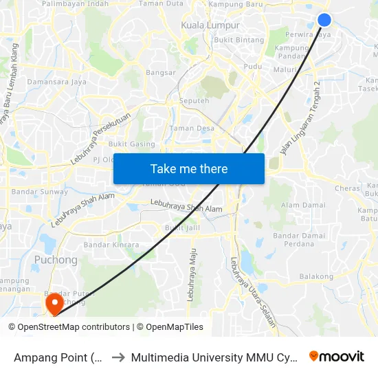 Ampang Point (Opp) to Multimedia University MMU Cyberjaya map