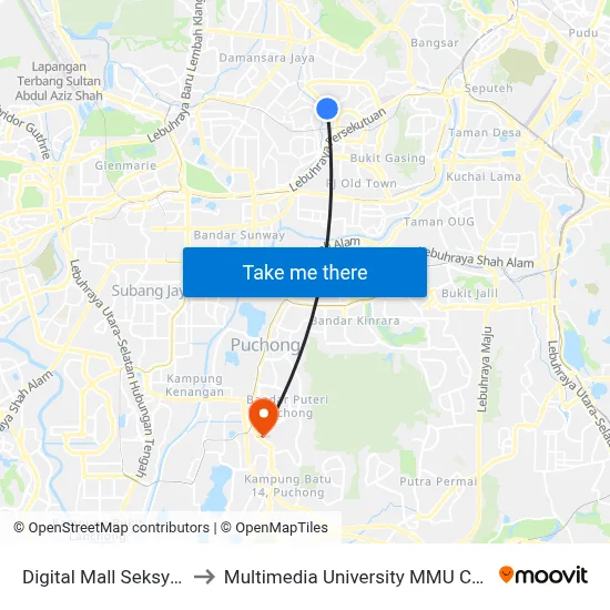 Digital Mall Seksyen 14 to Multimedia University MMU Cyberjaya map