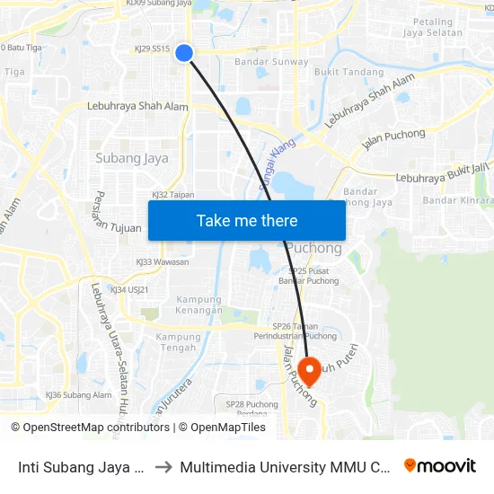 Inti Subang Jaya (Opp) to Multimedia University MMU Cyberjaya map