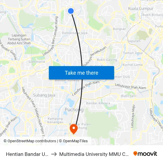 Hentian Bandar Utama to Multimedia University MMU Cyberjaya map