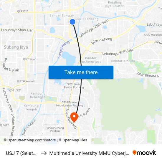 USJ 7 (Selatan) to Multimedia University MMU Cyberjaya map