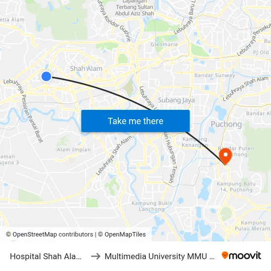 Hospital Shah Alam (Opp) to Multimedia University MMU Cyberjaya map
