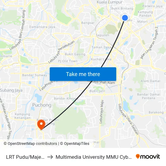 LRT Pudu/Majestic to Multimedia University MMU Cyberjaya map