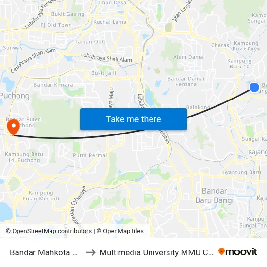 Bandar Mahkota Cheras to Multimedia University MMU Cyberjaya map