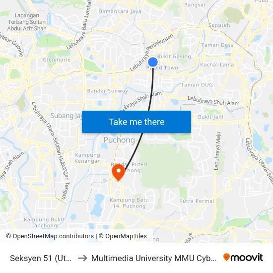 Seksyen 51 (Utara) to Multimedia University MMU Cyberjaya map