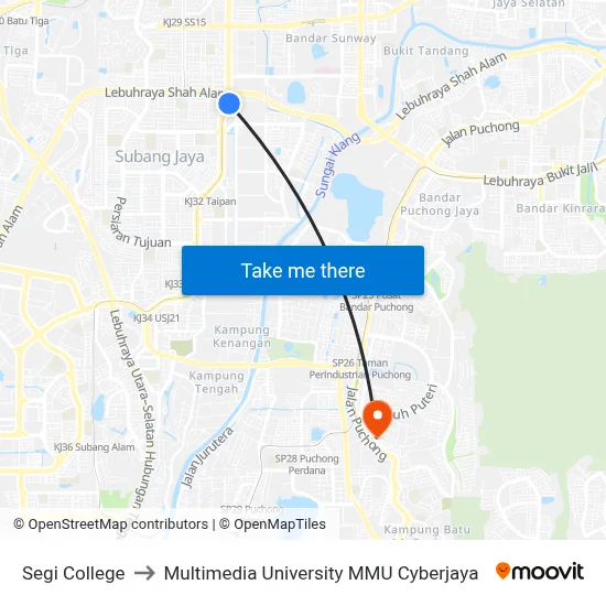 Segi College to Multimedia University MMU Cyberjaya map