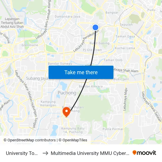 University Tower to Multimedia University MMU Cyberjaya map