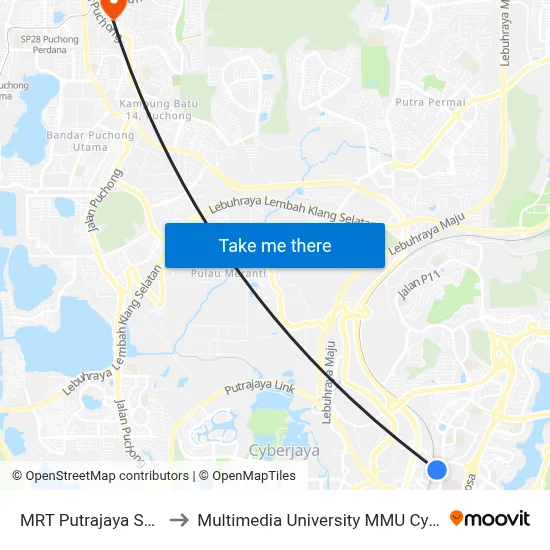 MRT Putrajaya Sentral to Multimedia University MMU Cyberjaya map
