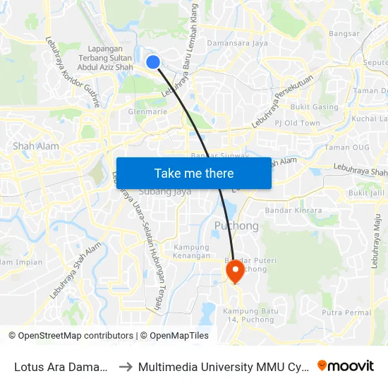 Lotus Ara Damansara to Multimedia University MMU Cyberjaya map