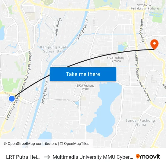 LRT Putra Height to Multimedia University MMU Cyberjaya map