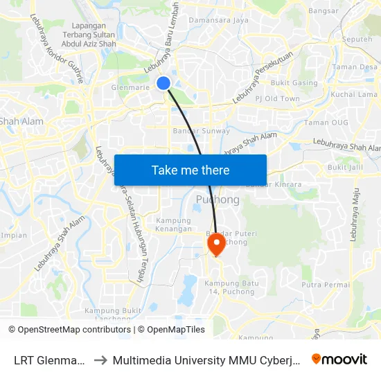 LRT Glenmarie to Multimedia University MMU Cyberjaya map