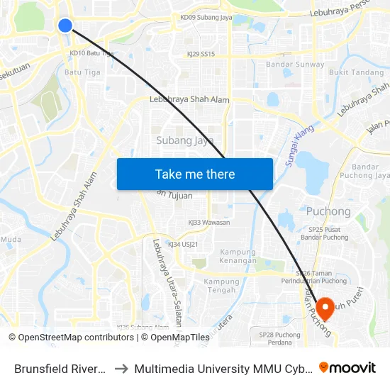 Brunsfield Riverview to Multimedia University MMU Cyberjaya map