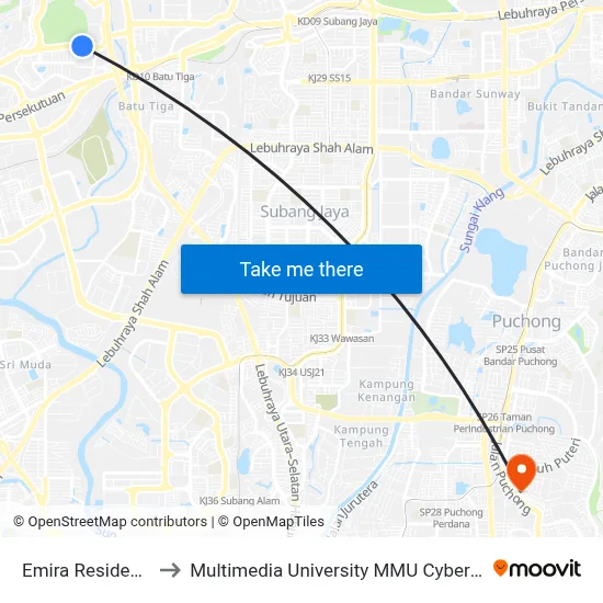 Emira Residence to Multimedia University MMU Cyberjaya map
