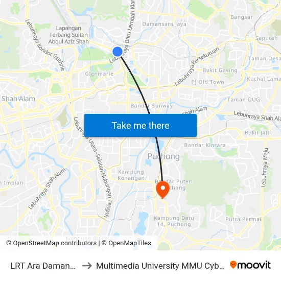 LRT Ara Damansara to Multimedia University MMU Cyberjaya map