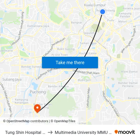 Tung Shin Hospital (Kl119) to Multimedia University MMU Cyberjaya map