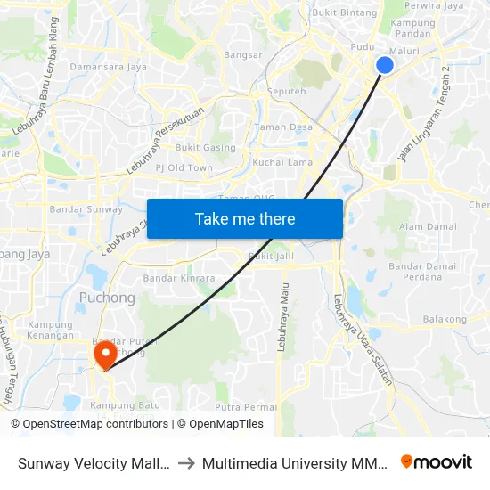 Sunway Velocity Mall (Kl2208) to Multimedia University MMU Cyberjaya map
