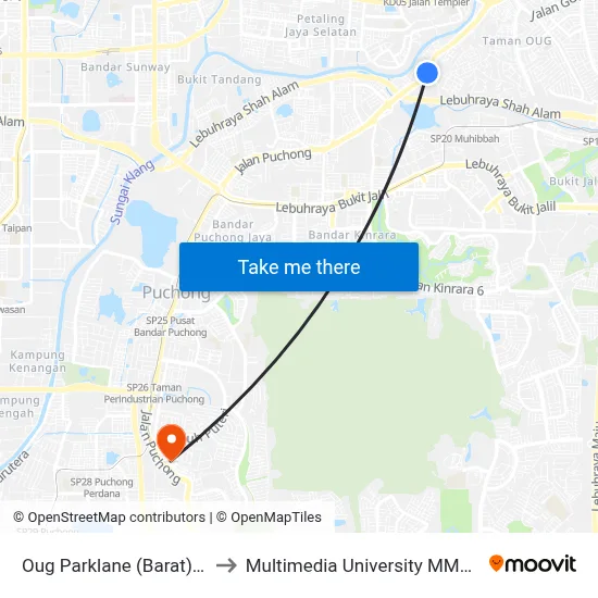 Oug Parklane (Barat) (Kl1353) to Multimedia University MMU Cyberjaya map