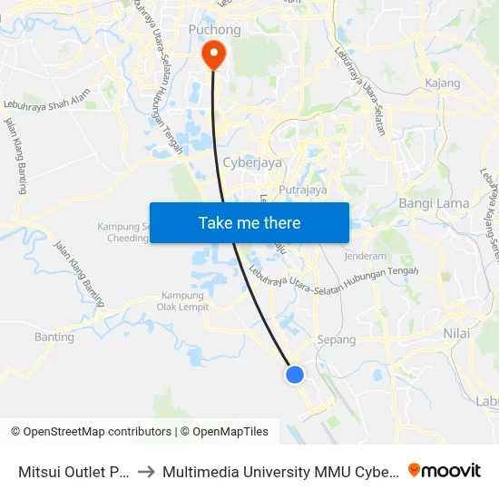 Mitsui Outlet Park to Multimedia University MMU Cyberjaya map