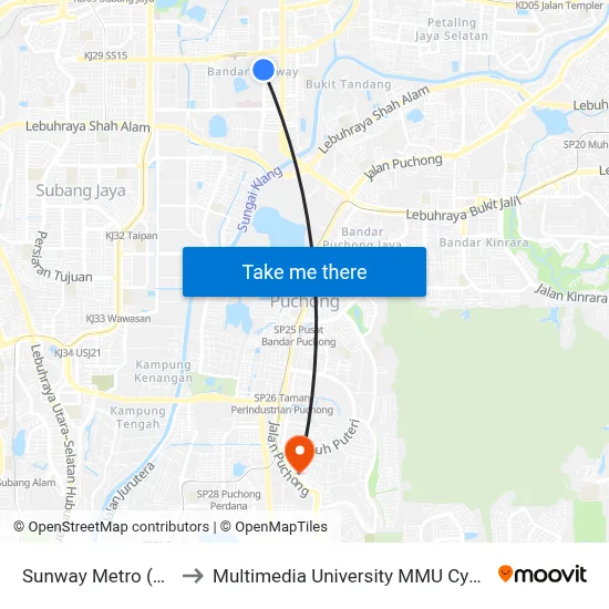 Sunway Metro (Sj12) to Multimedia University MMU Cyberjaya map