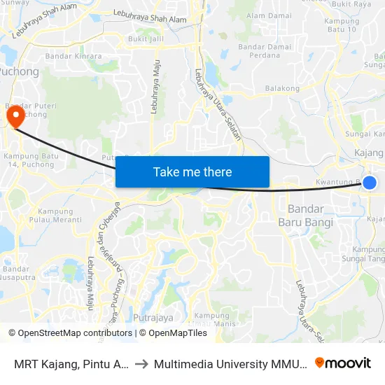 MRT Kajang, Pintu A (Kj510) to Multimedia University MMU Cyberjaya map