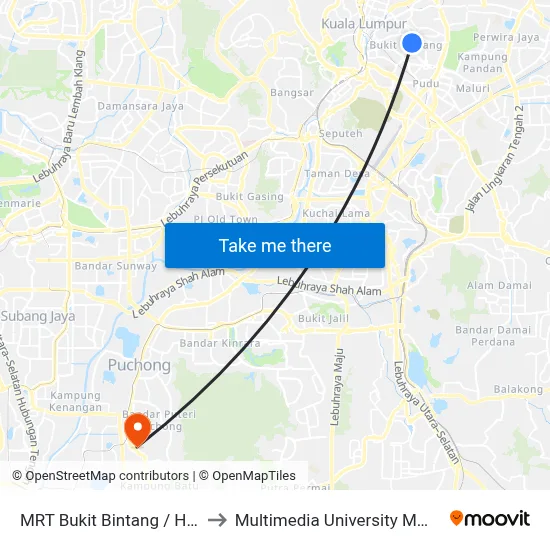 MRT Bukit Bintang / HSBC (Kl86) to Multimedia University MMU Cyberjaya map